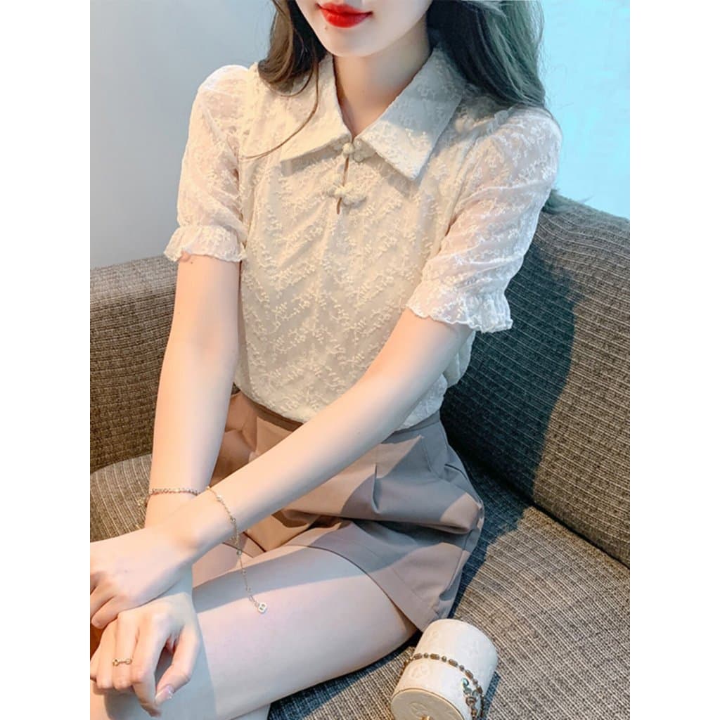 Doce gola polo Chiffon camisa feminina estilo verão 2026 verão novo estilo nicho chique manga bufante camisa pequena top