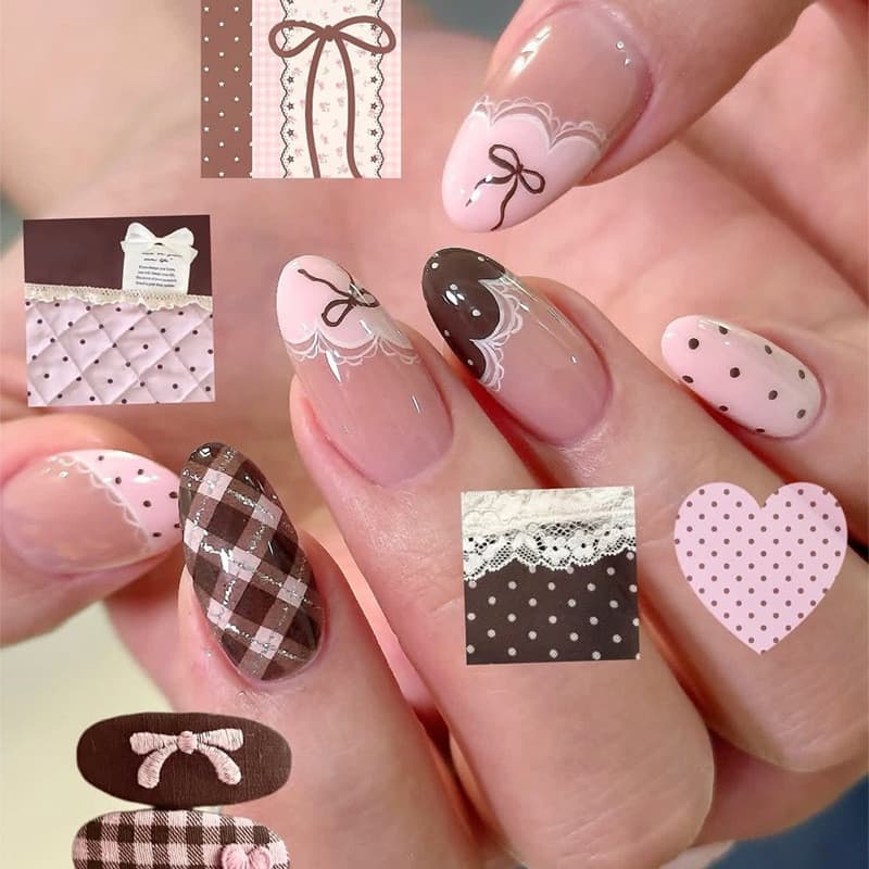30 peças de unhas postiças francesas em formato de amêndoa com laço 3D retrô de bolinhas rosa nude STS9