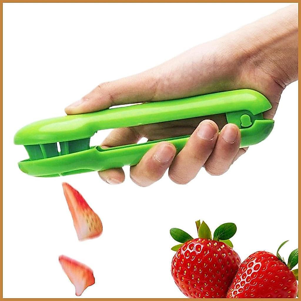 Cortador de uvas ergonômico com cabo longo, adequado para preparação de alimentos com cerejas e tomates.