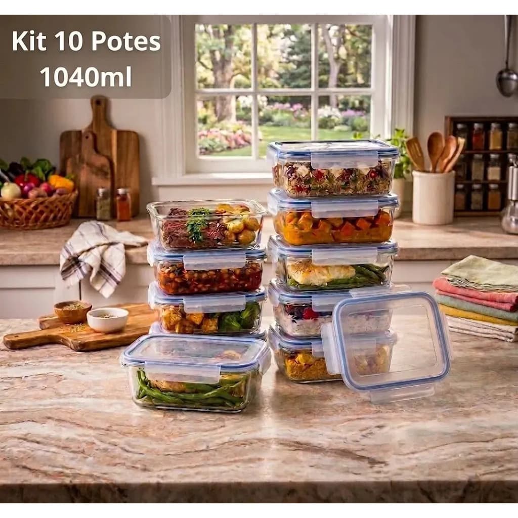 Kit 10 Potes Vidro Borossilicato 1050ml Hermético Marmita Forno com Válvula Fitness Refratário Com 4 Travas Vedação