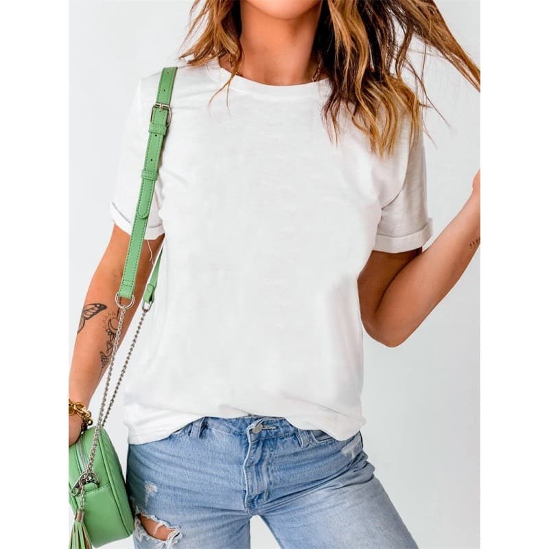 Verão Feminino T Camisa casual Senhoras Topos Estilo Simples Solto Em Torno Do Pescoço Cor Sólida Camiseta
