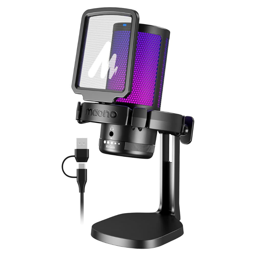Microfone Maono GamerWave RGB Suporte De Mesa e Pop Filter USB-C Preto - DGM20