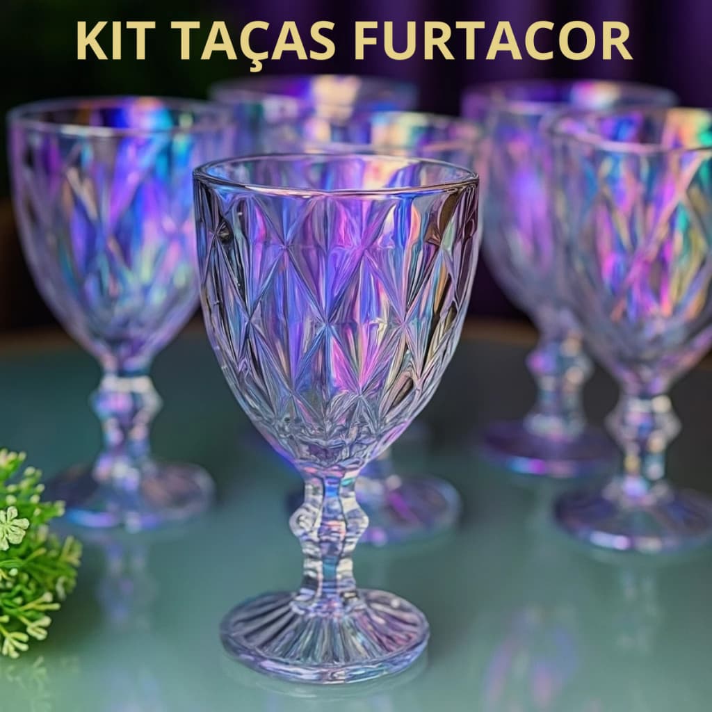 Kit Taças Diamond Furtacor de Vidro 320ml | Jogo De Copo Decorativo Conjunto Diamante Mesa Posta Luxo Brilhante Premium
