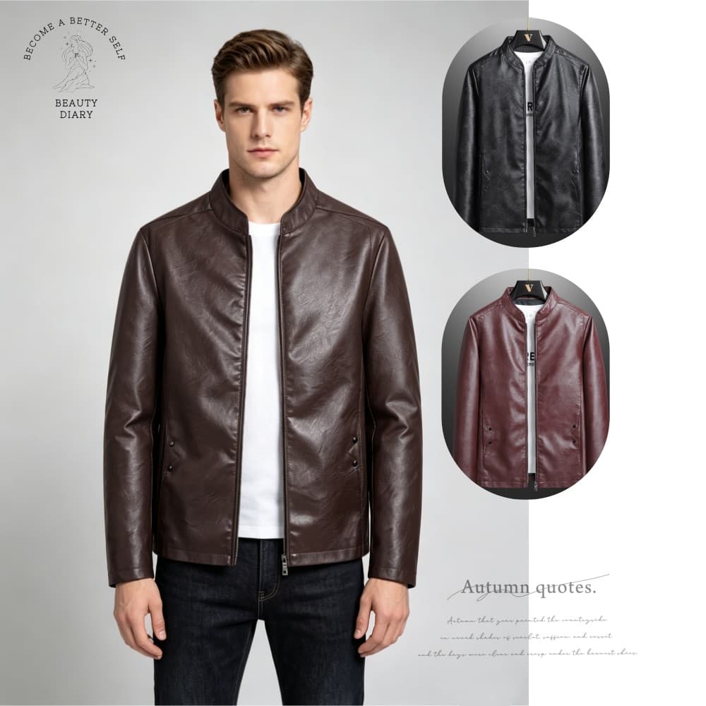 Jaqueta Masculina De Couro PU Com Gola Alta , Agasalhos Modernos Zíper Estilo Motociclista , Casaco Casual Fashion Plus