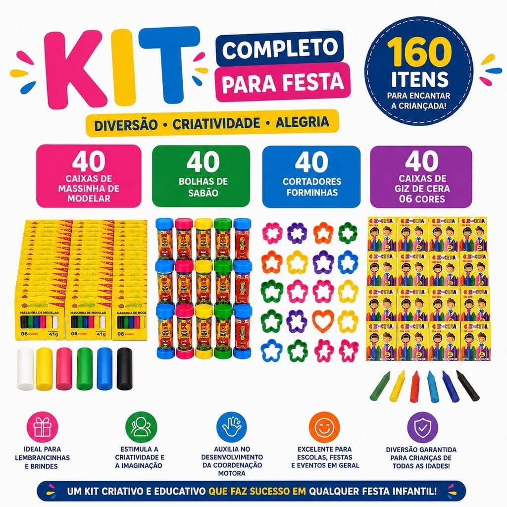 Kit Festa Infantil 40 Caixas de Massinha 65g + 40 Bolhas de Sabão + 40 Cortadores + 40 Giz 11g