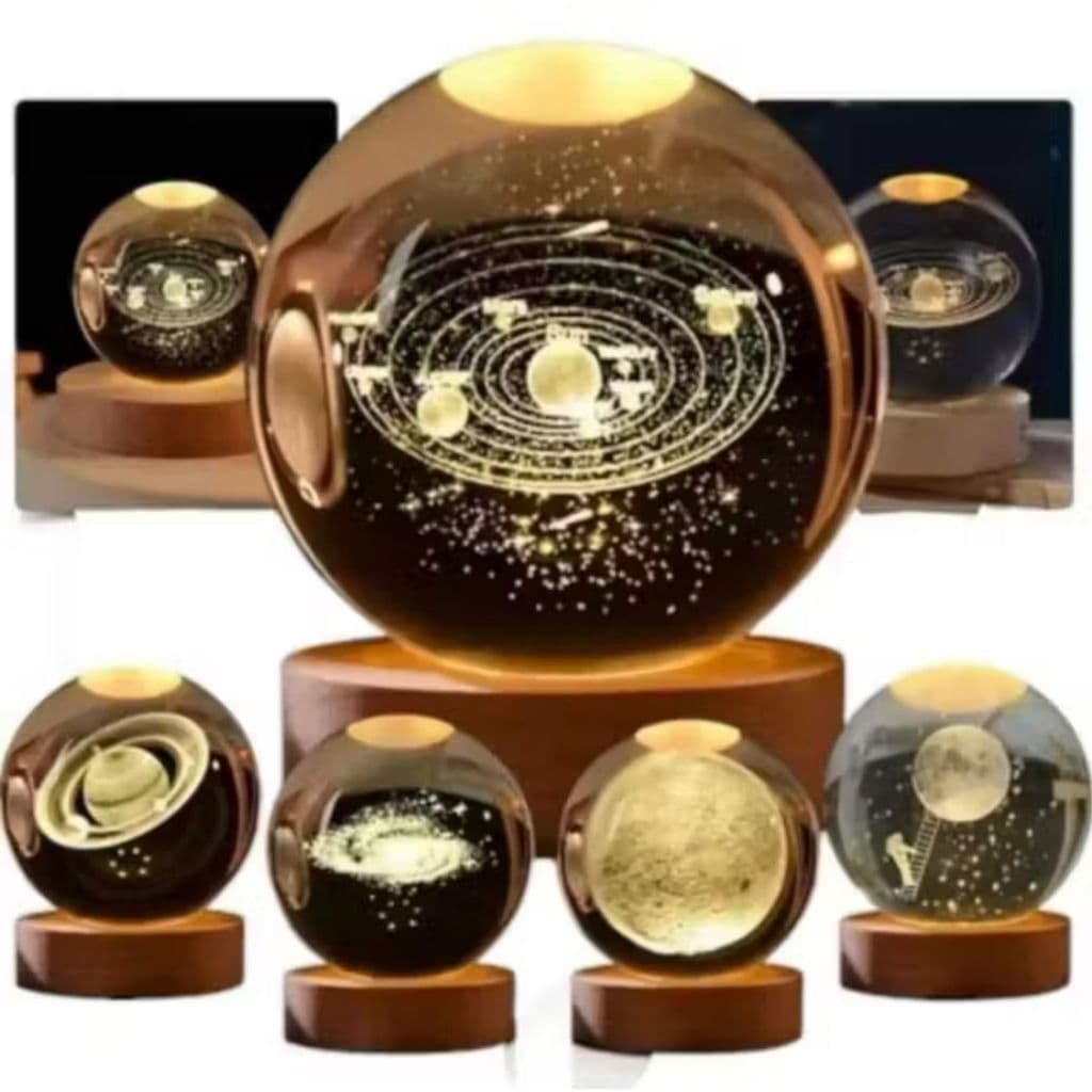 Esfera Cristal Solar 3D com Luz LED – Luminária Decorativa Galáxia Premium