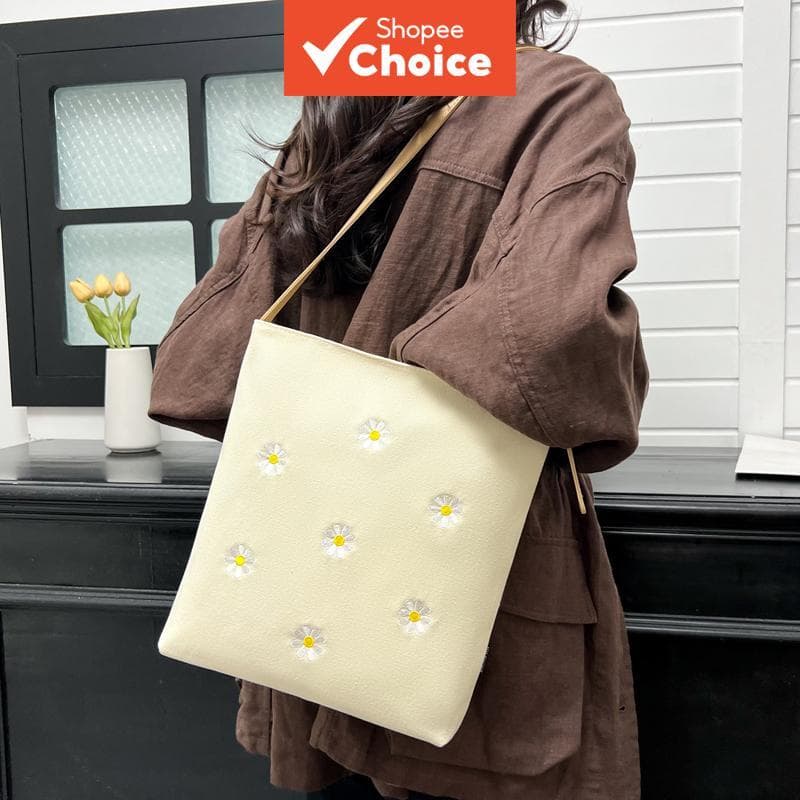 Bolsa de lona bordada com margarida para mulheres, bolsa de ombro casual de balde, bolsa tiracolo diária de grande