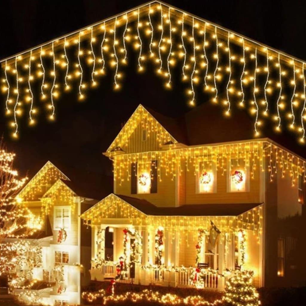 Cascata de Natal 400 leds 127v 110v 8 funções Fixo Pisca Pisca Branco Quente Macho Fêmea
