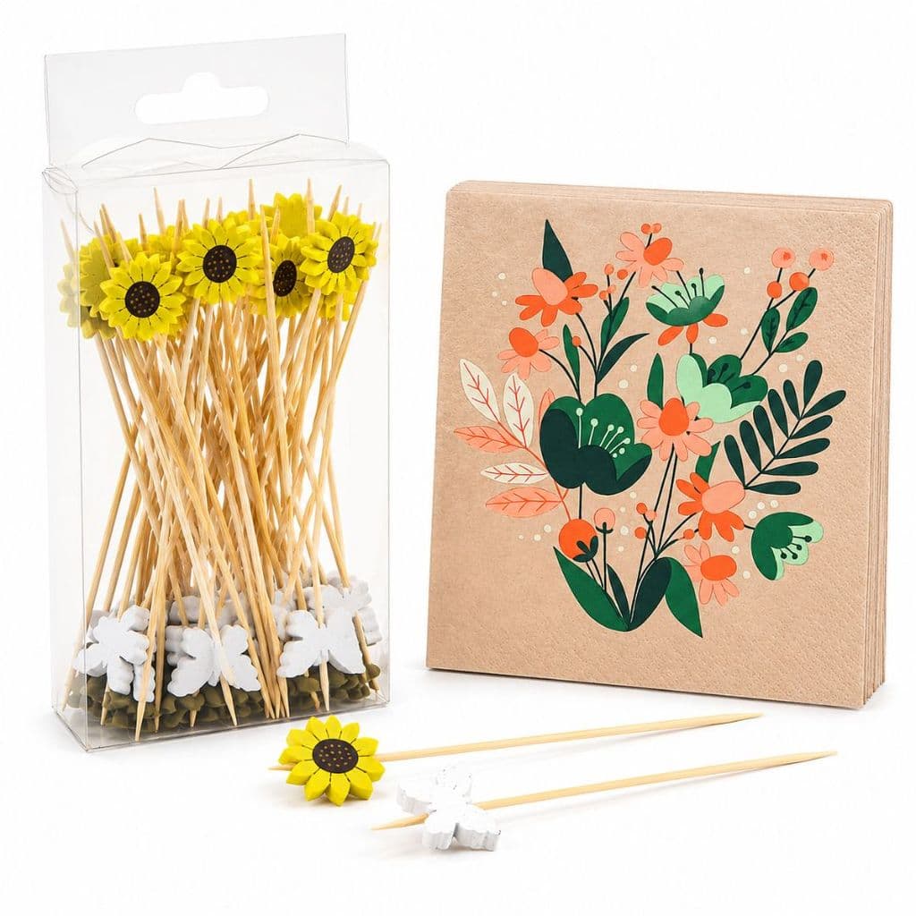 Conjunto 50 Palitos de Aperitivo Decorados Girassol e Borboletas + 20 Guardanapos Estampado Folhas Duplas