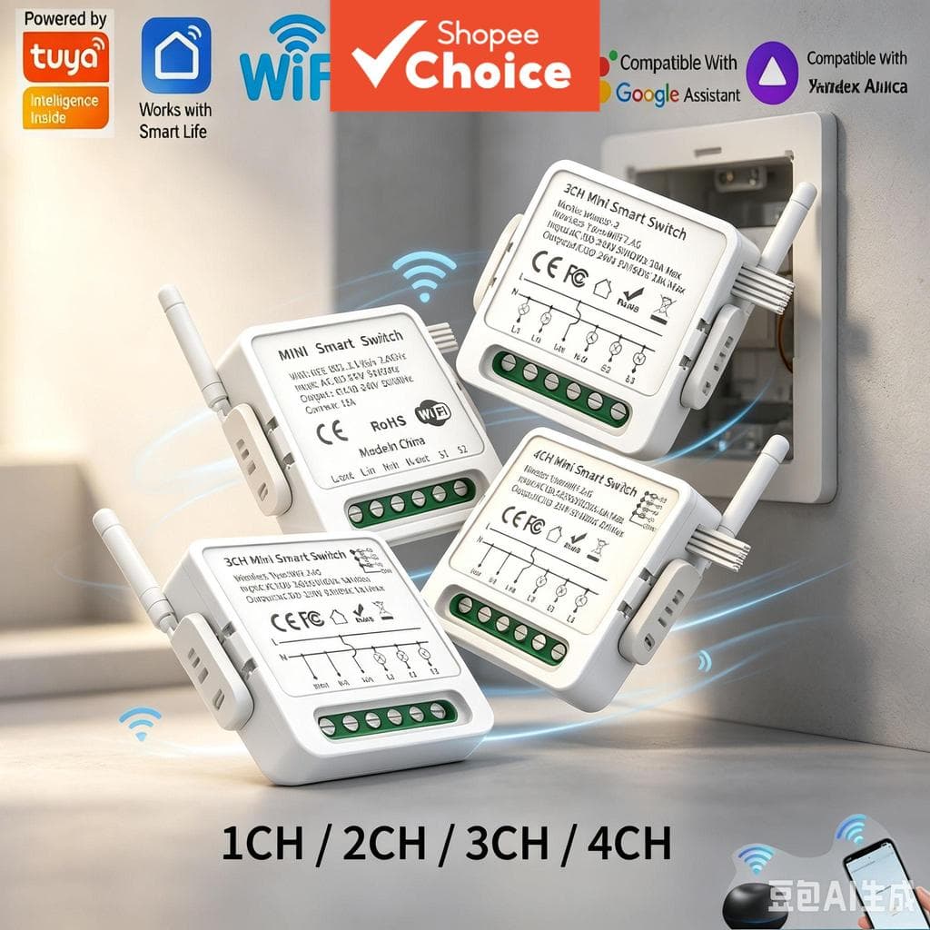 Para Interruptor Inteligente Wi-Fi Tuya 1/2/3/4 Gangue, Mini Disjuntor Inteligente de Luz de 4 Vias, Compatível com