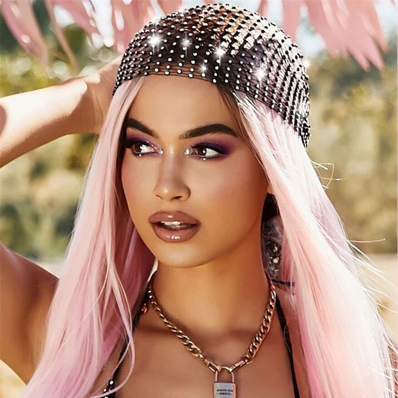 Chapéu de rede com aplicações de strass, ideal para festas e carnavais, com faixa elástica para a cabeça, acessório de m