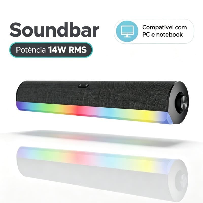 Soundbar USB Iluminação LED P2 3.5mm Som Potente 14W(7Wx2) RMS Caixa de Som Gaming para Jogos Compatível com PC Notebook
