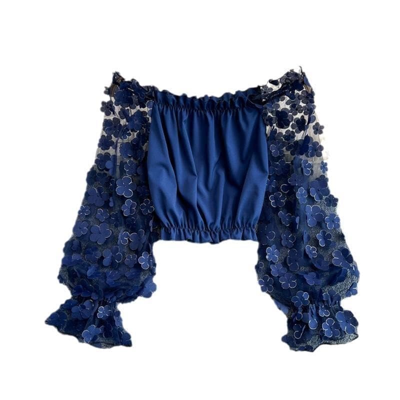 Camisa de Chiffon com costura de malha transparente, flor tridimensional de um ombro, feminina, solta, cintura estreita,