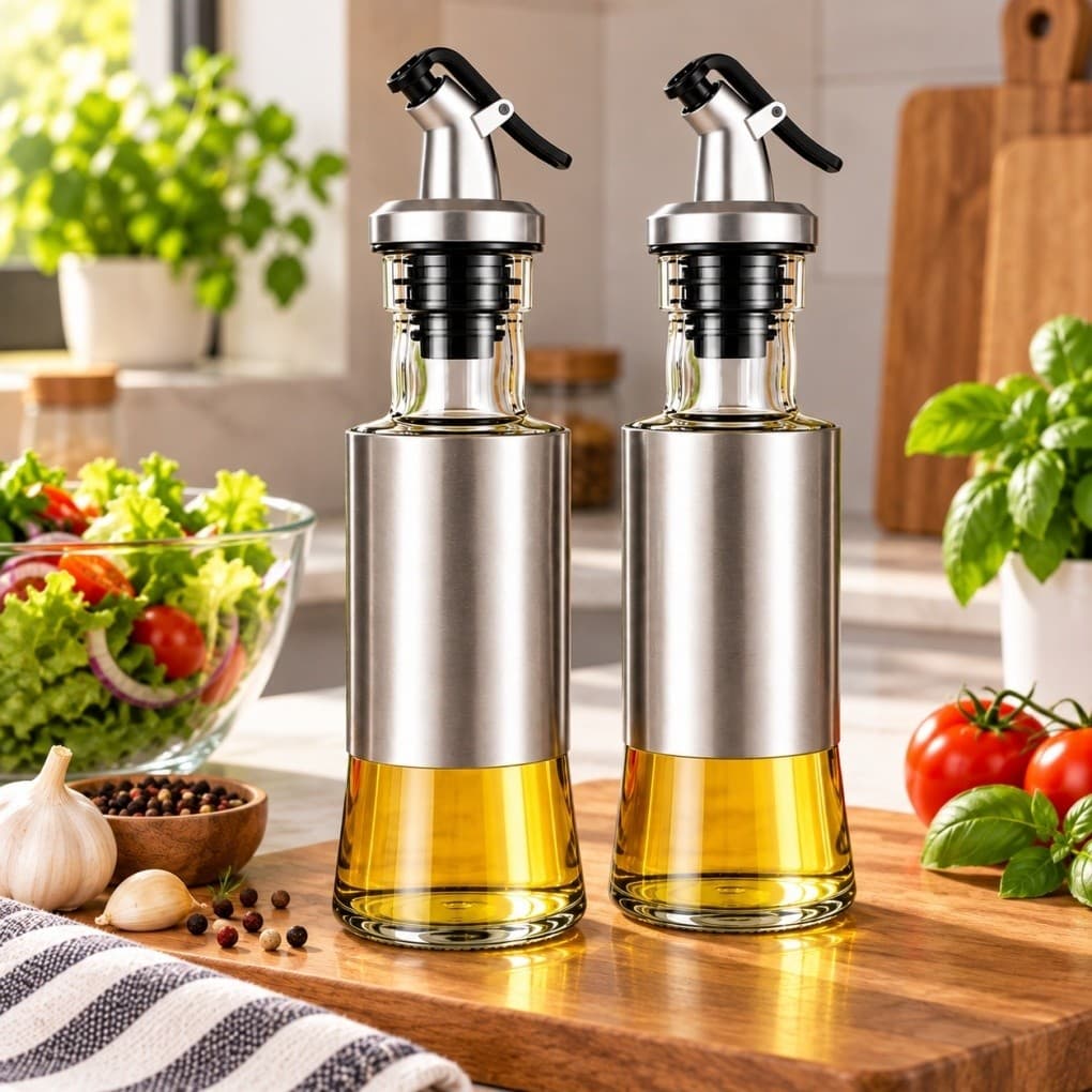 Kit 2 Galheteiros Porta Azeite e Óleo 300ml | Dispenser de Vidro e Aço Inox | Bico Dosador Praticidade para Cozinha