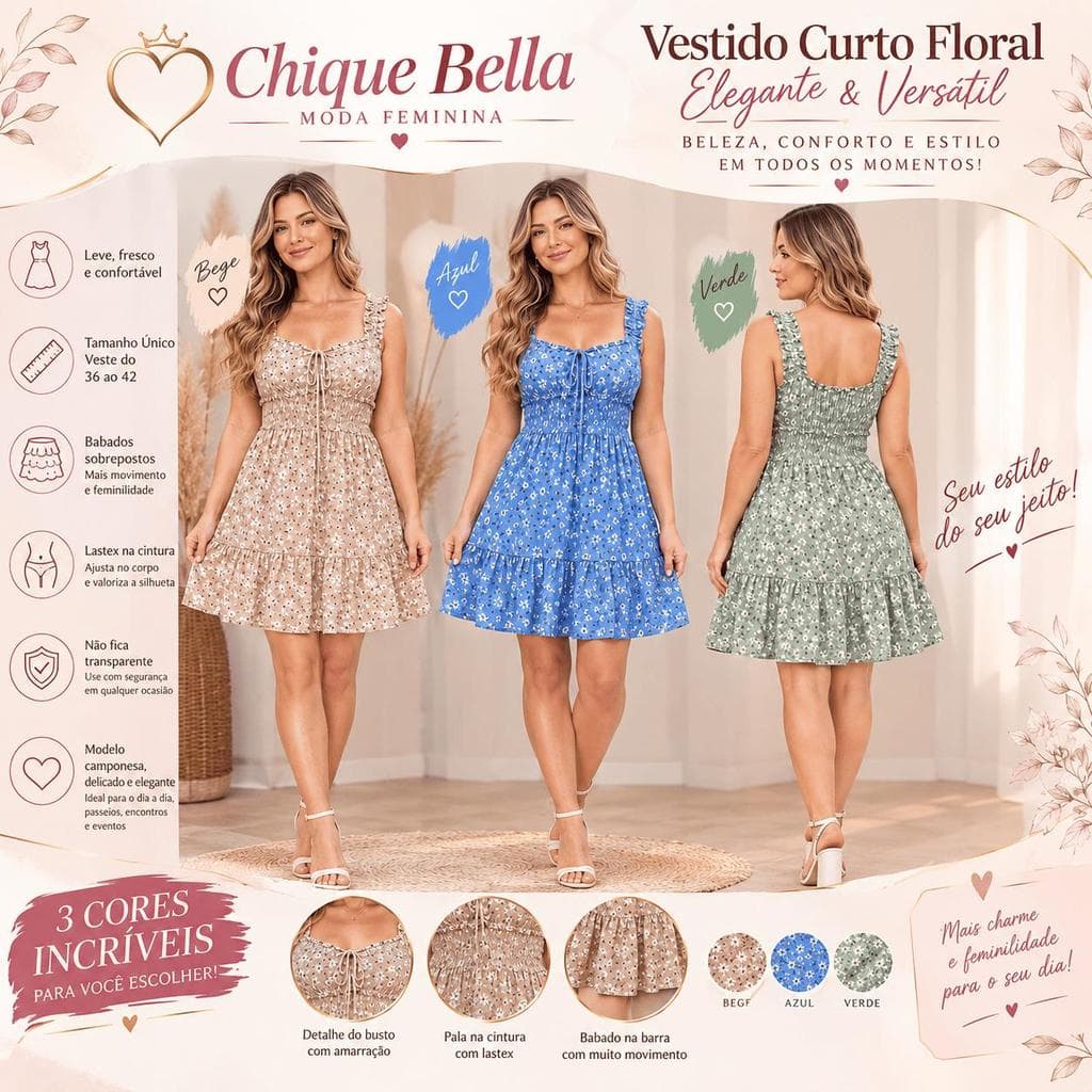 Vestido Curto Alcinha Florido Crepe Dunas Feminino Moda Evangélica Elegante