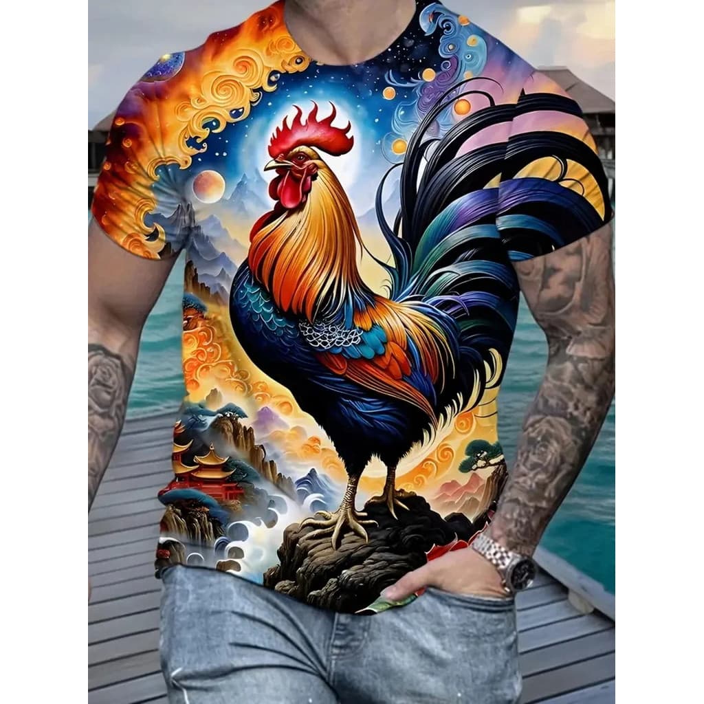 Camiseta Masculina Casual Com Gola Redonda E Estampa Completa , Nova Em Manga Curta , Colorida , Galo , Camisetas Gráfic