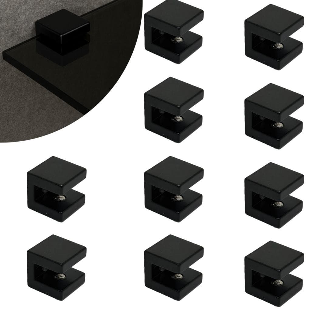 Kit 10 Suportes Fenda Quadrado 1 Furo Para Prateleira de Vidro 6mm em Zamac Preto Pintura Eletrostática Automotiva