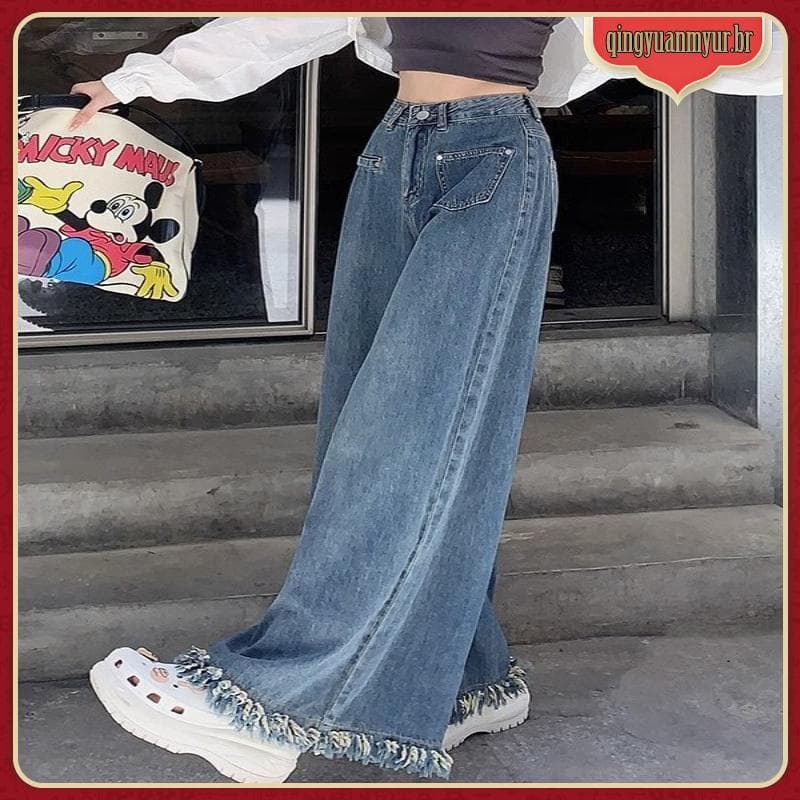 calça jeans feminina mom calça jeans feminina pantalona Plus size americano retro cru-afiado jeans, primavera e outono