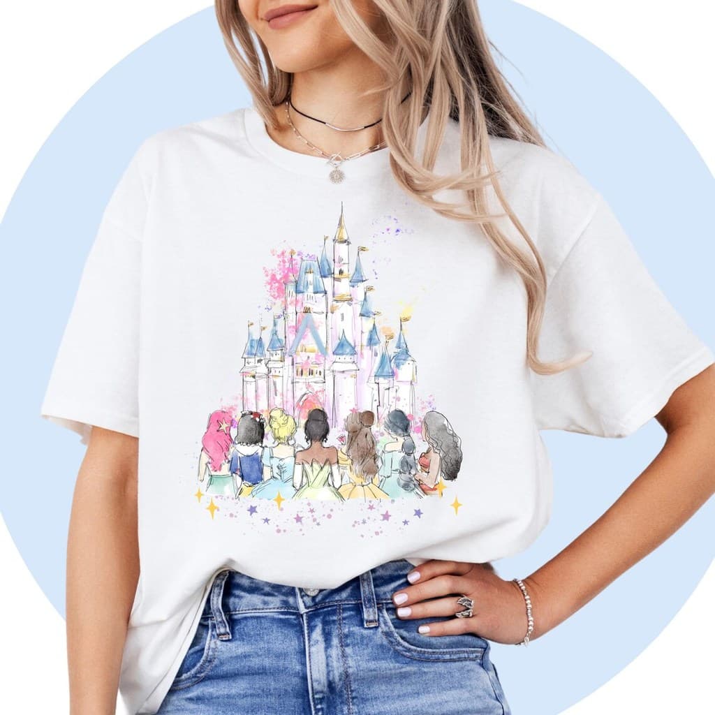 Camiseta Feminina Casual E Elegante, Feita Em Puro Algodão, Com Estampa Aquarela Do Castelo Da Disney E Princesas