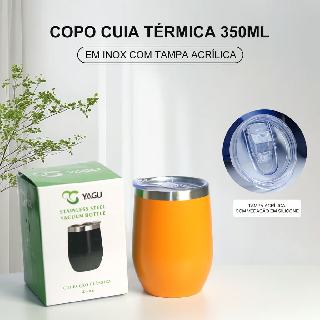 Copo Termo 350ml Aço Inoxidável 316 Laranja - Isolação Térmica, Leve e Portátil