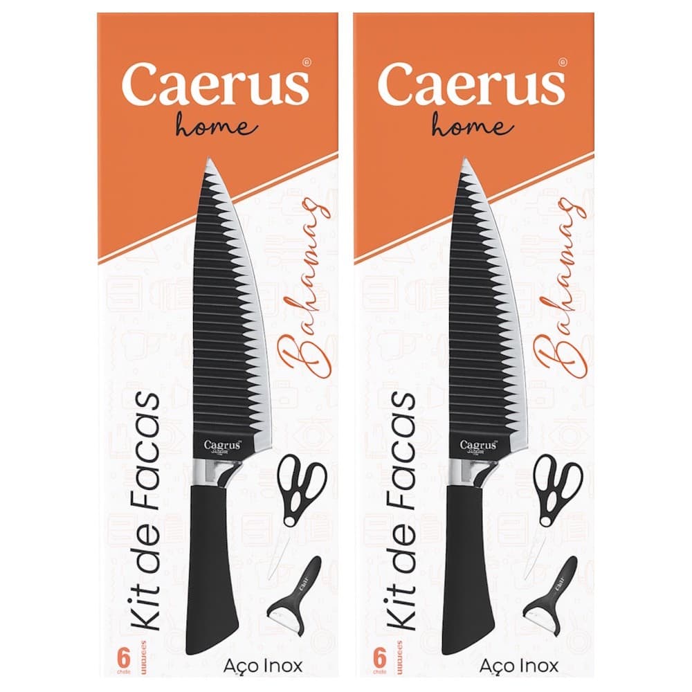 2 Jogos De Facas Bahamas Caerus Home 6 Peças Cada Aço Inox Cabo Ergonômico Com Tesoura e Descascador