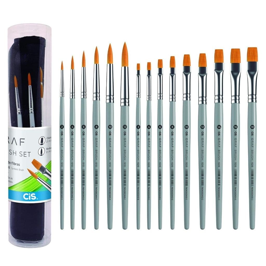 Kit Pincéis Artísticos Flexível GRAF Brush Set 15 Unidades Fibra Sintética CiS Chato Redondo Pintura
