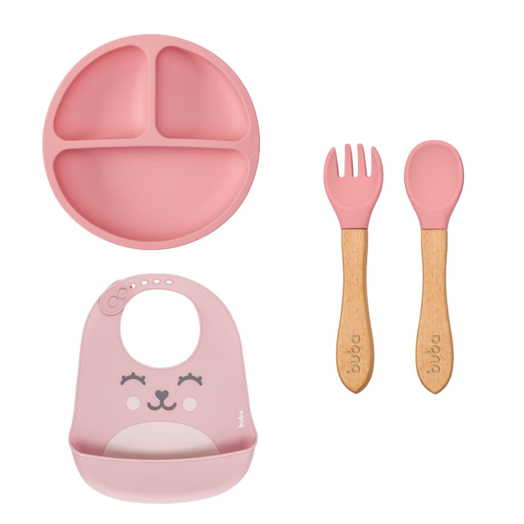 Kit Alimentação Silicone Gumy Buba 4 Peças Babador Prato Bowl Talher de Bambu Introdução Alimentar