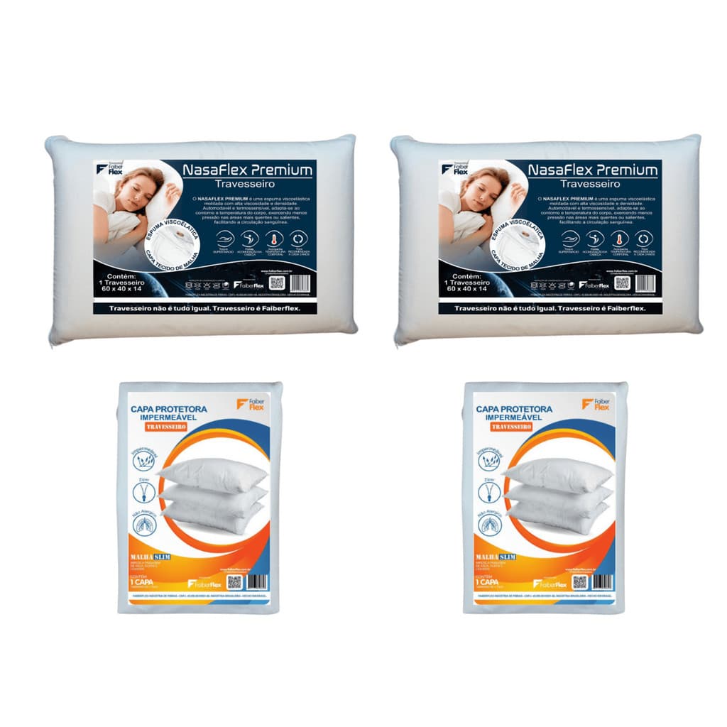 Kit Casal 2 Travesseiros Nasa Premium e 2 Capas Impermeáveis