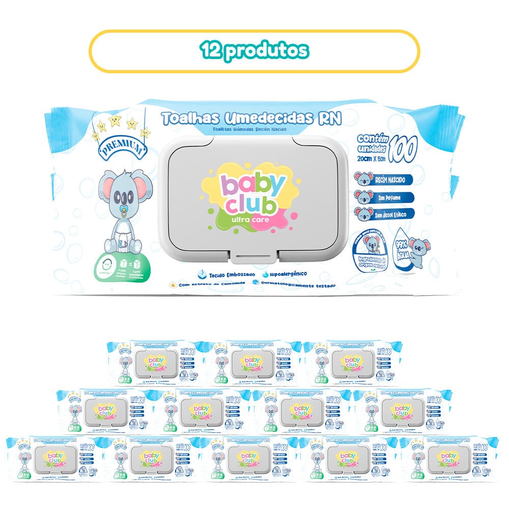 KIT 12 TOALHAS UMEDECIDAS RECEM NASCIDO BABY CLUB 100 FOLHAS