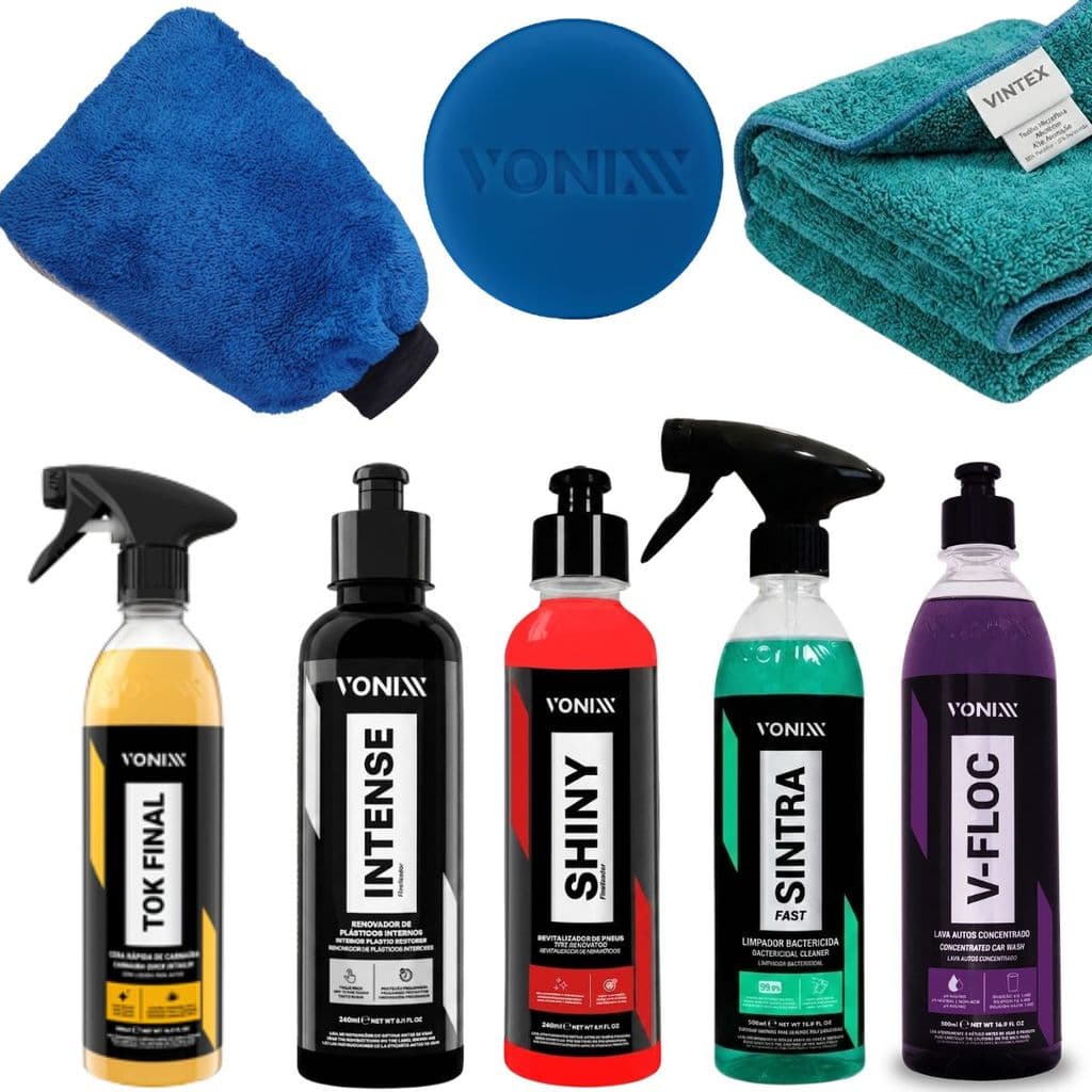 KIT LIMPEZA AUTOMOTIVA COMPLETA VONIXX V-FLOC SINTRA TOK FINAL INTENSE SHINY 8 ITENS PROFISSIONAL