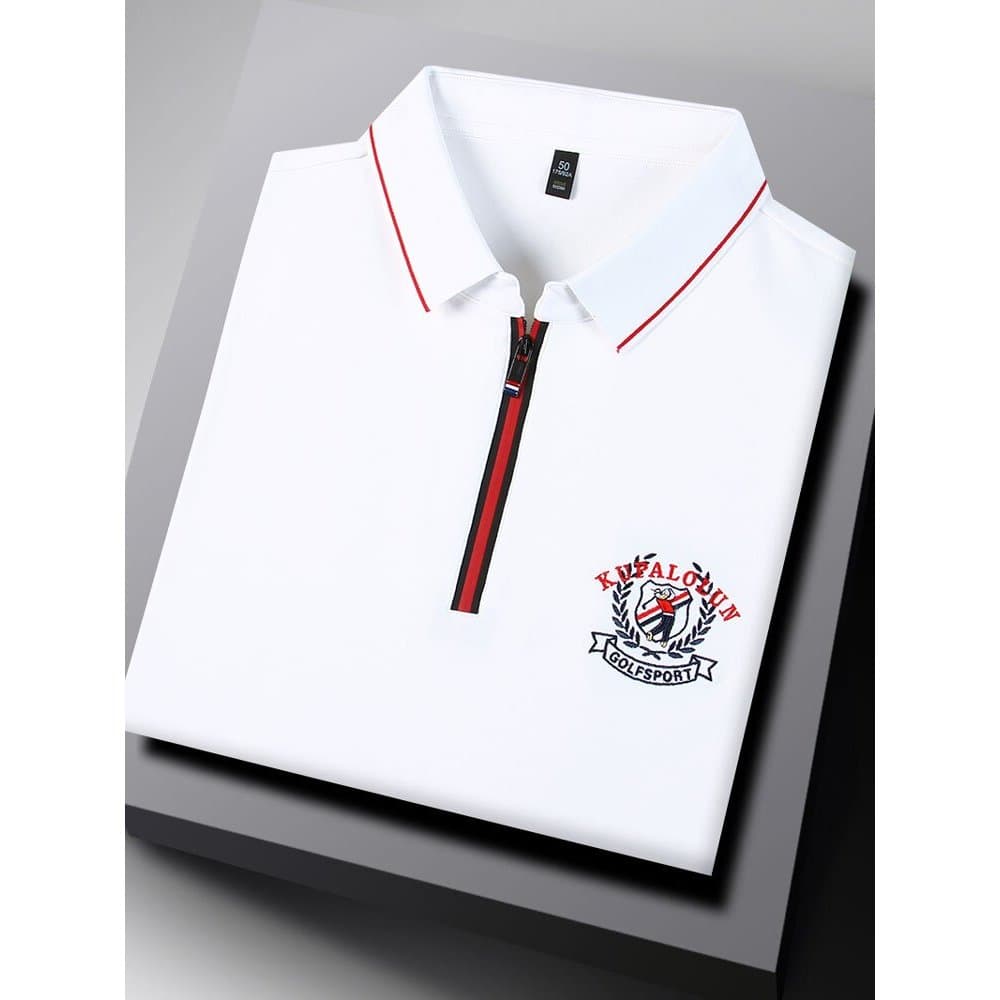 Grande marca masculina zíper lapela manga comprida camiseta masculina branco Casual golfe roupas superiores camisa polo