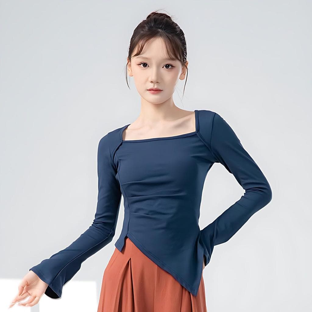 Roupas de prática de dança femininas novo estilo de manga comprida roupas de dança pescoço quadrado fino ajuste rima dan