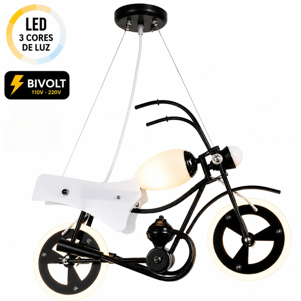 Lustre Infantil Moto LED Pendente Luminária Quarto Menino Menina Decorativa Preto Bivolt 3 Cores
