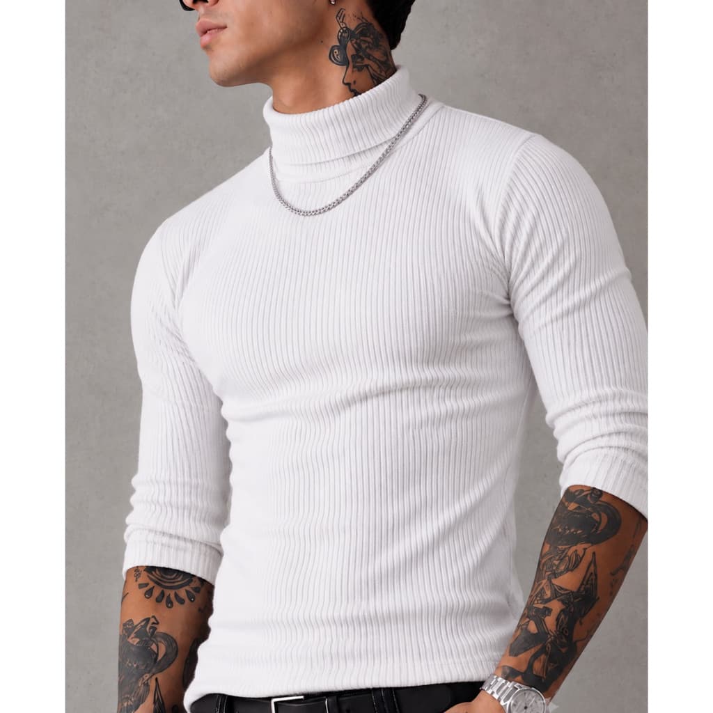 Blusa Masculina Gola Alta Cacharrel Canelada Suéter de Frio Inverno 2026