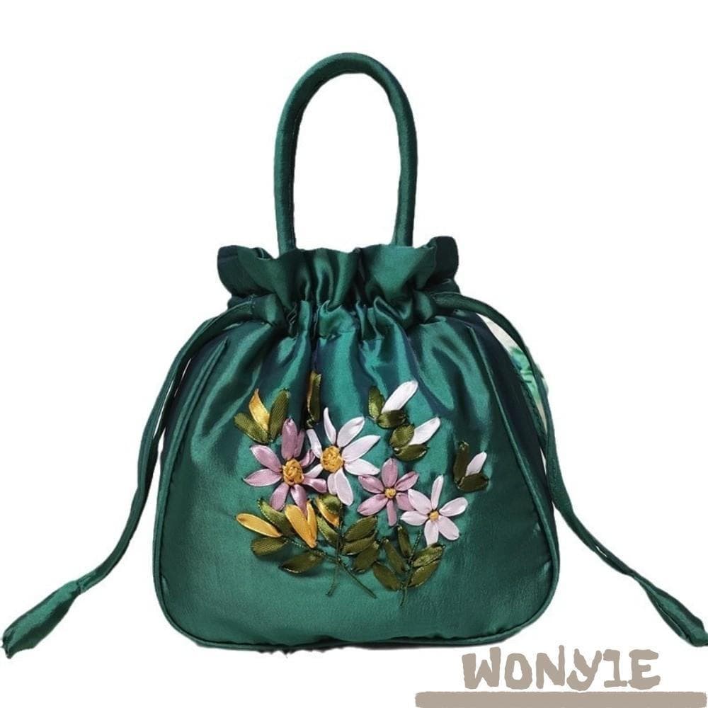 Bolsa Balde Feminina WONY1E , Pequena Com Alça Superior Estilo Nacional Padrão De Flor Bordada Dacron