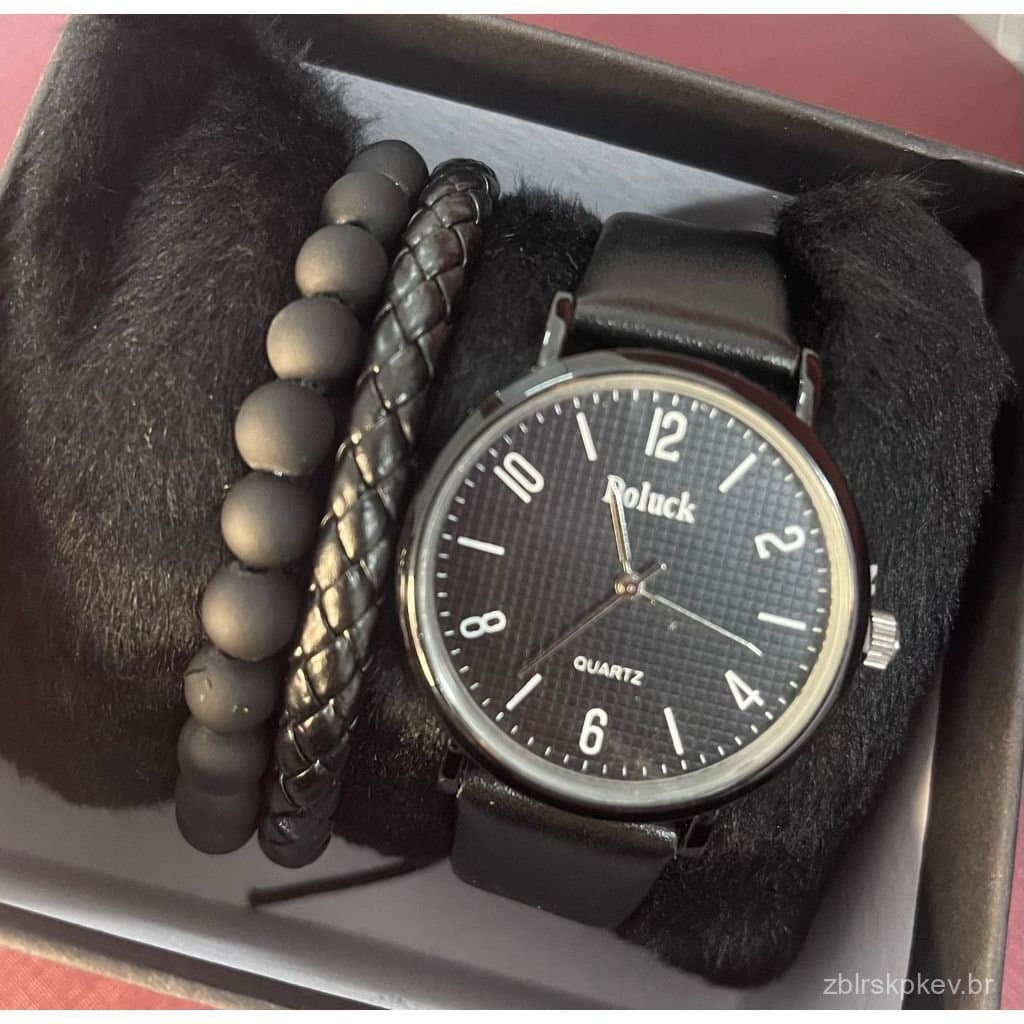Kit Relógio Masculino Preto + Pulseira de Couro/Coquinho