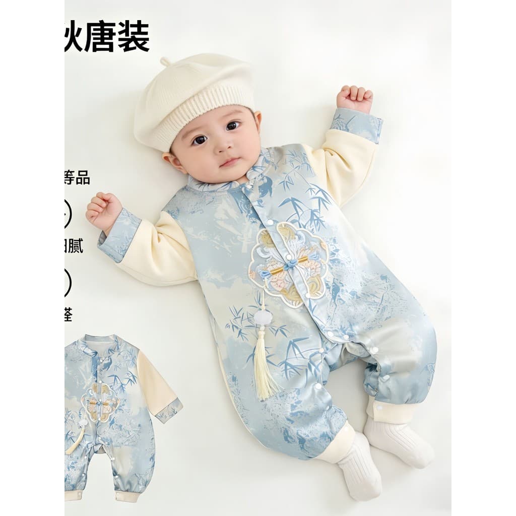 Recém-nascido primavera outono estilo chinês mês cheio cem dias macacão masculino feminino bebê primavera estilo um ano