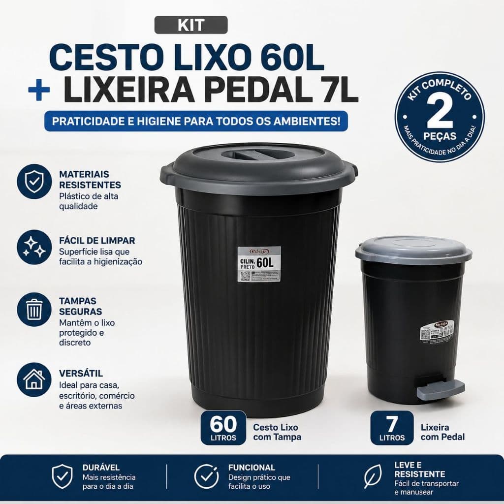 Cesto Lixeira Grande 60L com tampa+ Lixeira 7 Litros Com Pedal