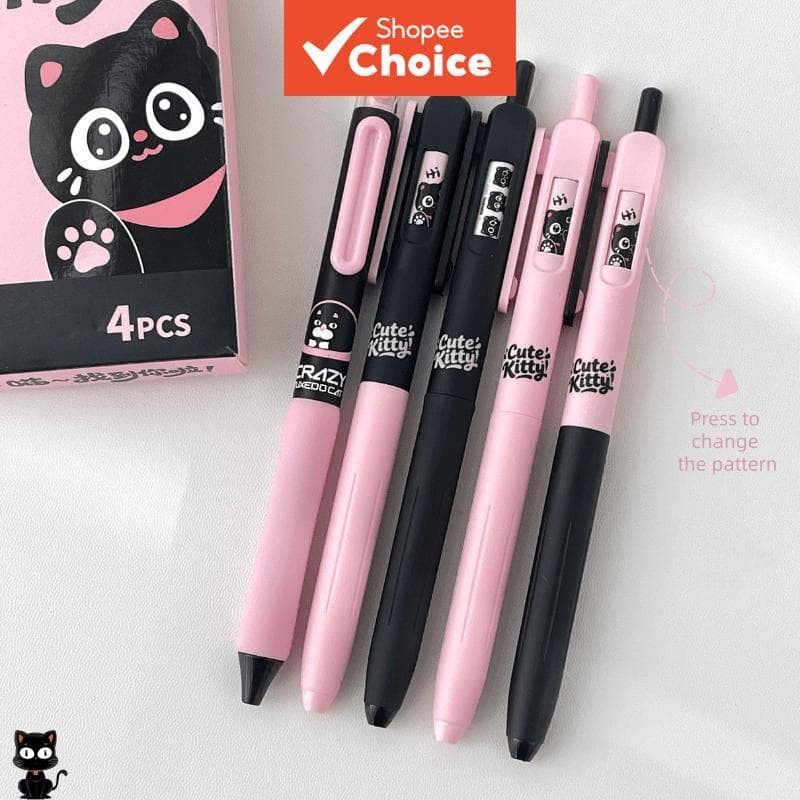 Conjunto De Canetas De Gel De Gatinho Fofo 4/5 Unidades Padrão De Clique Para Troca Kawaii Gato 0.5 Mm Tinta Preta Mater