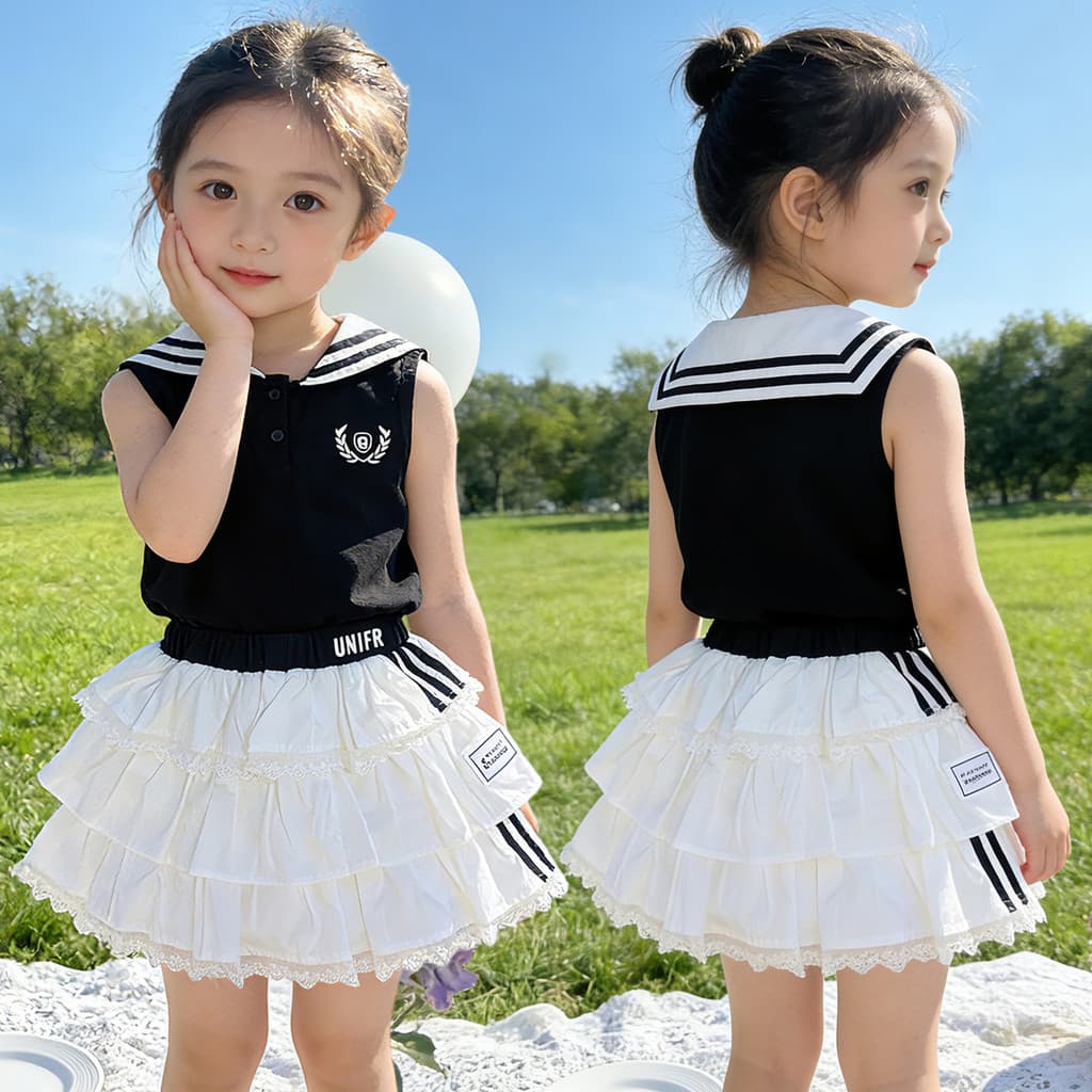 Meninas sem mangas colete conjunto verão estilo Preppy bolo saia crianças vestido de verão