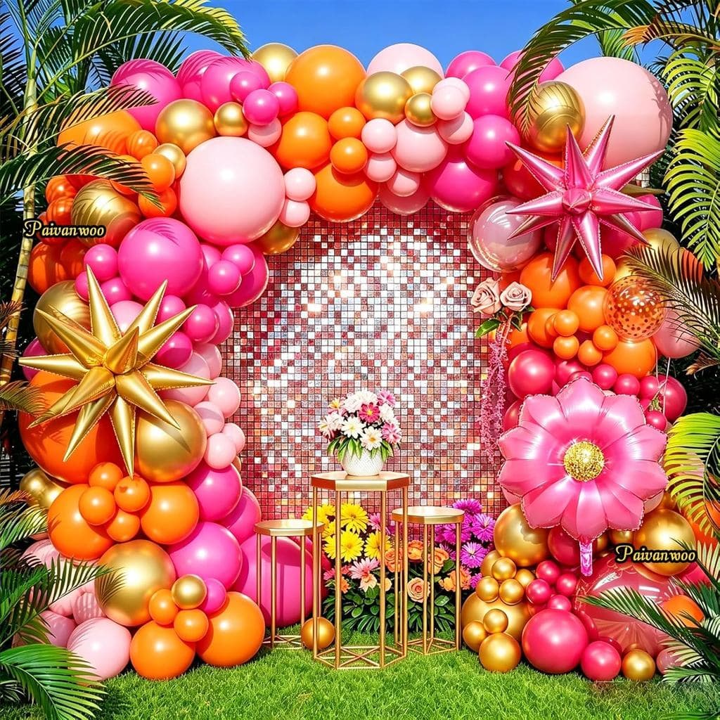 154Pcs Pink and Orange Balloon Arch Kit with Flower Foil & 2 Star Balloons for Bachelorette Party, Birthday, Wedding, Ba