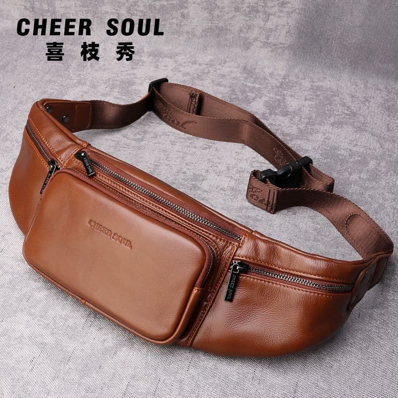 Bolsa de cintura masculina Bolsa de peito de couro genuíno Bolsa de couro masculina multifuncional de ombro mensag