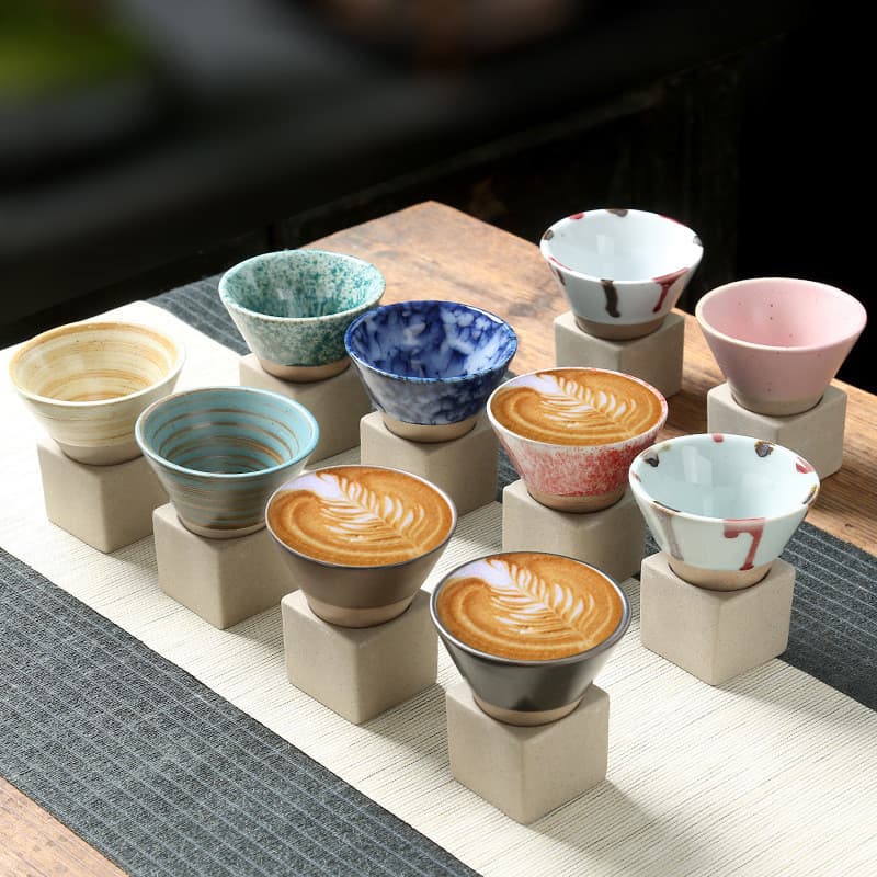 Copo de espresso de cerâmica popular, xícara de chá criativa com esmalte pintado à mão e base, copo de água pessoal de c