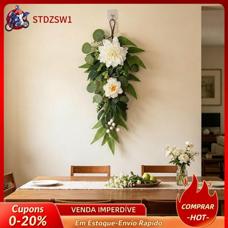 [stdzsw1] Porta Pendurada Artificial Floral Lágrima Swag Branco Verde Guirlanda Decoração Para Festas No Jardim De Escri