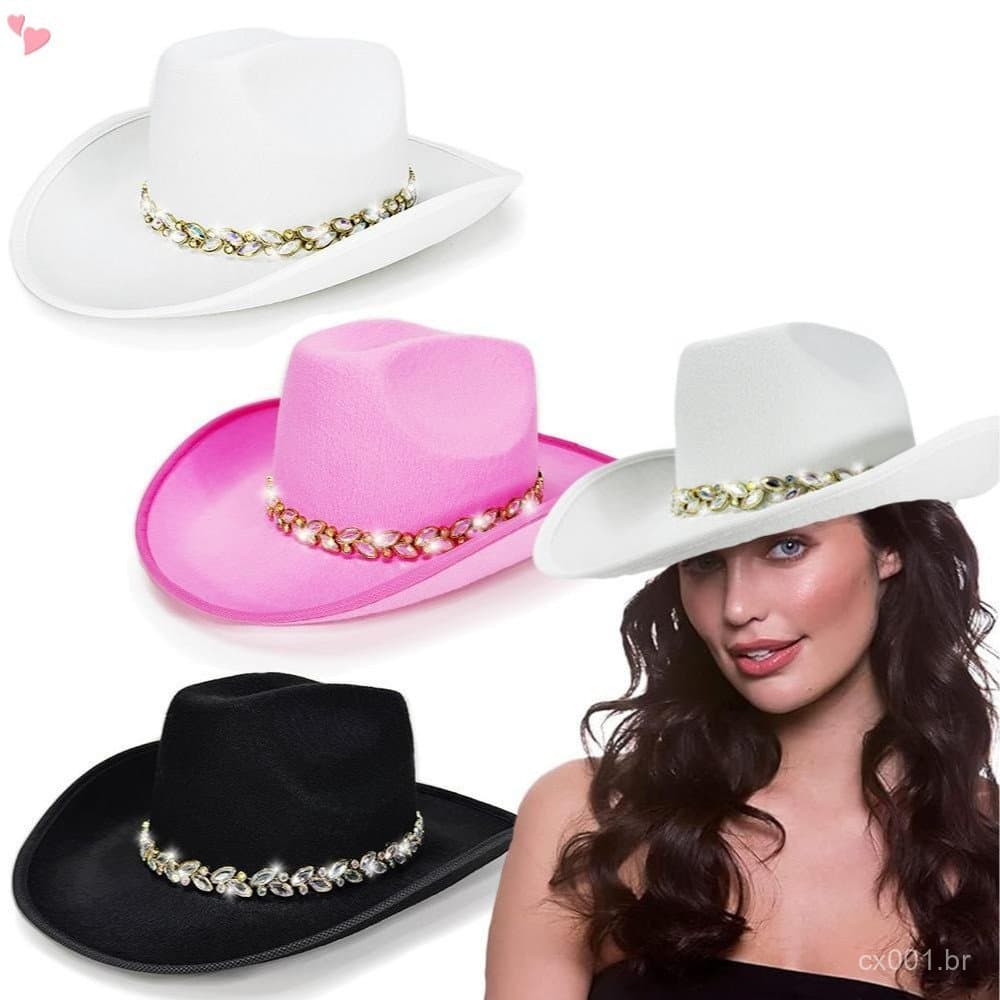 Chapéu De Cowboy Feminino Com Strass , Aba Larga , Chapéus De Vaqueira De Feltro , Brilhante Para Festa De Casamento