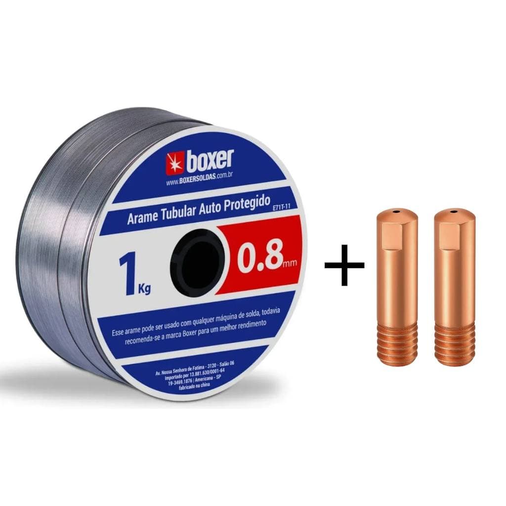 Kit  Arame Solda Mig  0,8mm E71T-11 Rolo 1kg Boxer +  2 Bicos De Contato 0,8mm