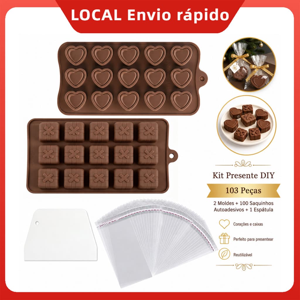 Molde de Silicone para Sabonete Chocolate, Coração e Caixa Presente, Espátula e 100 Sacos 6x24cm DIY