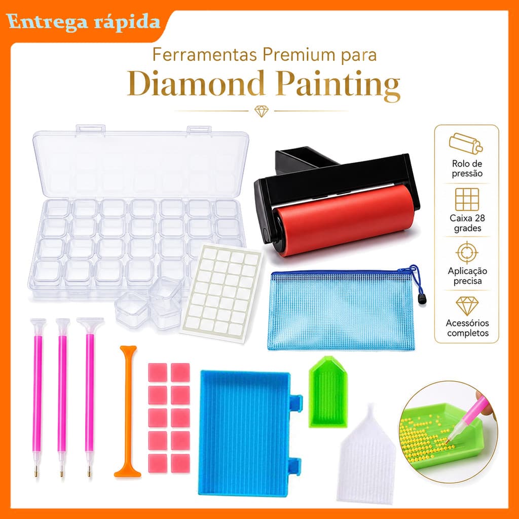 Kit Diamond Painting 5D Ferramentas de Aplicação Rolo Fixador Canetas Bandejas Pinça e Cola