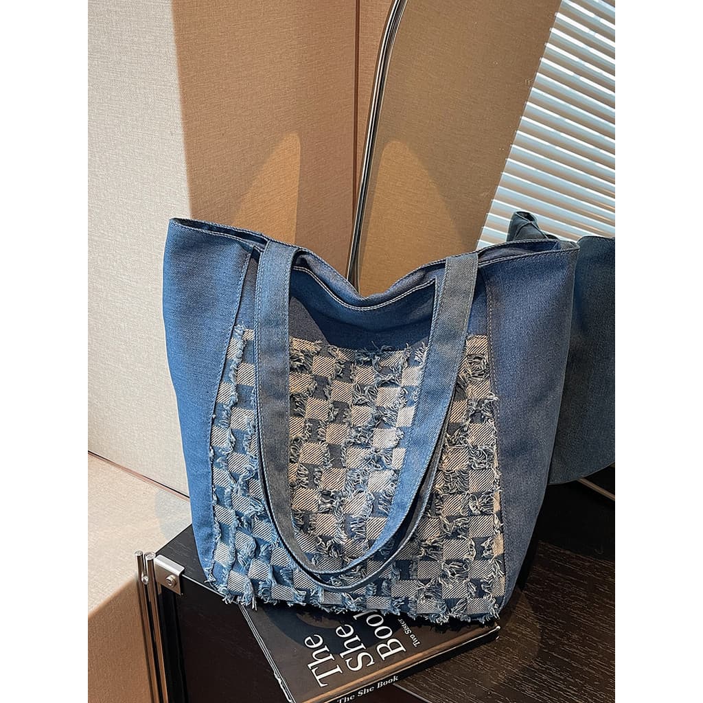 Grande capacidade xadrez Denim Commuter saco feminino 2026 novo estilo leve Casual bolsa de ombro portátil classe saco