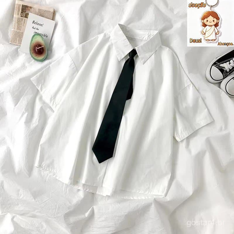 Camisa Branca Feminina Blusas Manga Curta Lapela Blusa Com Gravata Moda Japonesa Estudante Verão Diário Estilo Univ